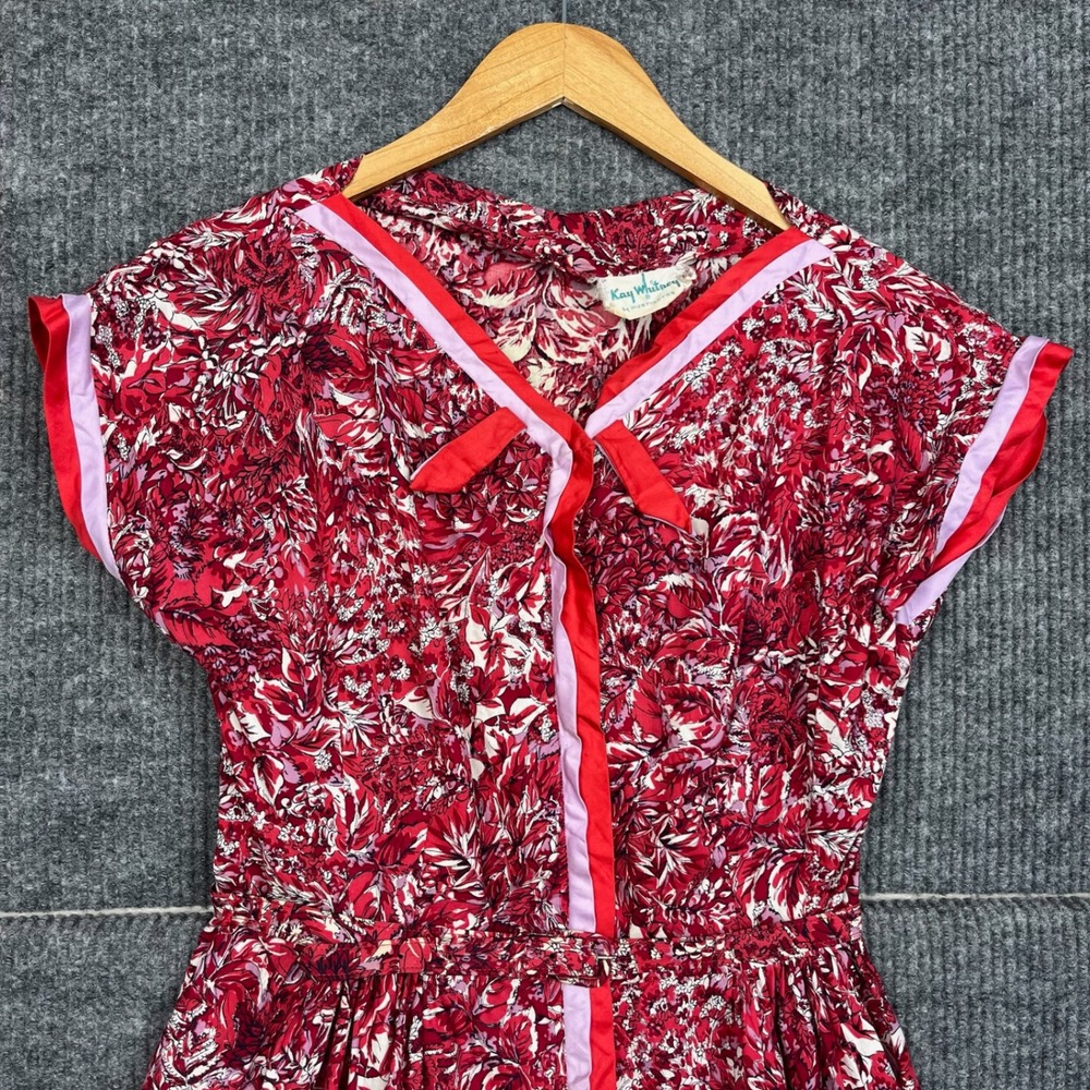 Vtg 50s 60s Kay Whitney Dress Womens XS Red Floral Fit Flare Belted - Picture 6 of 15